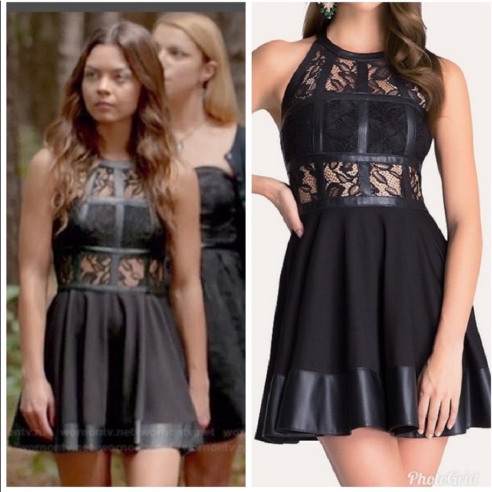 BEBE Fit and Flare Lace and Leather T-strap dress.